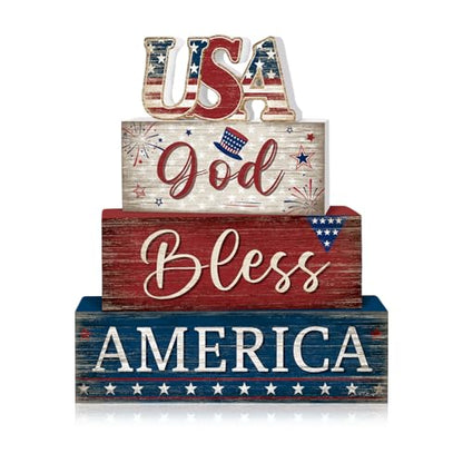 Britimes Tiered Tray Decor Set, 4 Pack, Wooden, Patriotic 4th - style: Independence Day USA