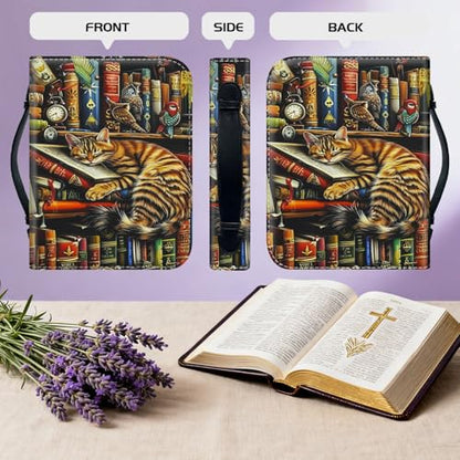 Bible Cover for Women Large PU Leather Zippered Bible Case with Handle and Bookshelf Cat Design, Christian Bible Cover for Girls & Women, Cover Fits Standard 9.5"x7.5"x2.3" Bible - color: Bookshelf Cat