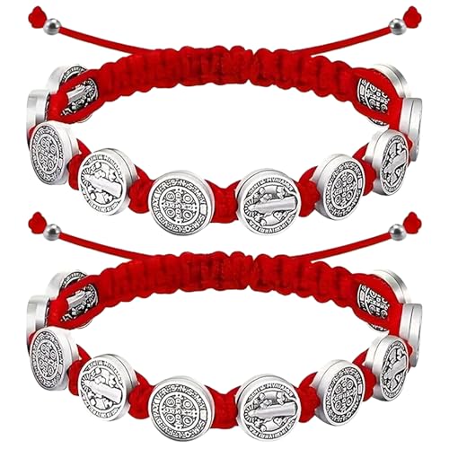 2Pcs Catholic Medalla de San Benito Rosary Bracelet Adjustable Red String St Benedict Bracelets for Easter Party Favor Prayer Blessing Protection