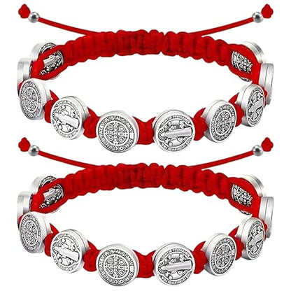 2Pcs Catholic Medalla de San Benito Rosary Bracelet Adjustable Red String St Benedict Bracelets for Easter Party Favor Prayer Blessing Protection