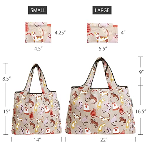 allydrew Large Foldable Tote Nylon Reusable Grocery Bags - color: Set of 2, Neutral Felines, size: Large & Small (Set of 2)