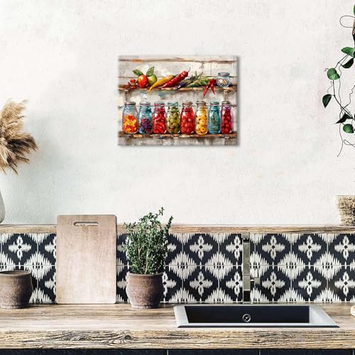 Colorful Kitchen Pictures Wall Decor Mason Jar Kitchen Wall Art Farmhouse Spices Food Canvas Prints Kitchen Art Dining Room Wall Decor Rustic Still Life Painting Vintage Peppers Herbs Poster 12x16" - color: Colorful Food, size: 16"L x 12"W