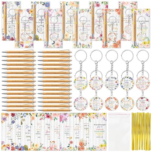 ANGOLIO 230 Spanish Christian Floral Religious Gifts Bulk, Back to School Regalos Bookmarks Cristianos En Español Bible Verse Bamboo Pen Keychain Inspirational Bookmark Gift for Teacher Church Favor - style: Floral