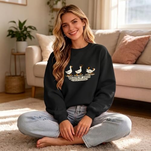 Silly Goose Christian Sweatshirts for Women Walking by Faith Tripping Constantly Sweatshirt Cute Graphic Crewneck - color: Black, size: XX-Large