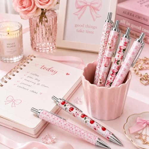 Coquette Pens 8PC Set Pink Stationery Office Supplies School Supply Cute Aesthetic Gel Pen Fancy Bow Beautiful Cherry Themed Birthday Decorations Girly Room Stuff Ribbon Decor Party Favors - style: Coquette