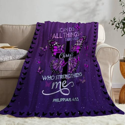 CIUGOIG Christian Gifts for Women - I Can Do All Things Christ Blanket 50"x60" - Inspirational Religious Birthday Catholic Spiritual Gifts Faith Based Gift - Purple Christian Throw, Butterfly - color: Christian-purple, size: 50"x60"