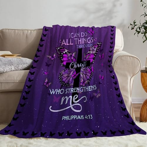 CIUGOIG Christian Gifts for Women - I Can Do All Things Christ Blanket 50"x60" - Inspirational Religious Birthday Catholic Spiritual Gifts Faith Based Gift - Purple Christian Throw, Butterfly - color: Christian-purple, size: 50"x60"
