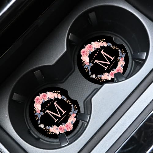2pcs Letter M Car Coasters,Absorbent Universal neoprener Cup Holder Coasters with a Finger Notch,Car Accessories for Women&Man Interior，2.75" - color: M