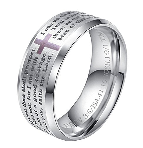 Men's Stainless Steel Bible Verse Christian Lord's Prayer Cross Ring Wedding Bands Engraved Praying - color: Silver