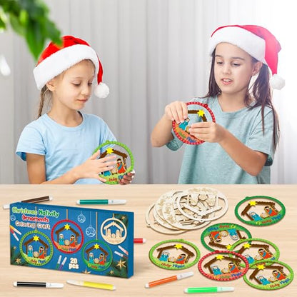 BeYumi Christmas Wooden Ornament Craft - 20Pcs Nativity DIY Wooden Ornaments Craft Kit for Kids Make Your Own Nativity Christian Religious Xmas Craft with Gem Sticker Church Party Decoration Supplies - style: Round