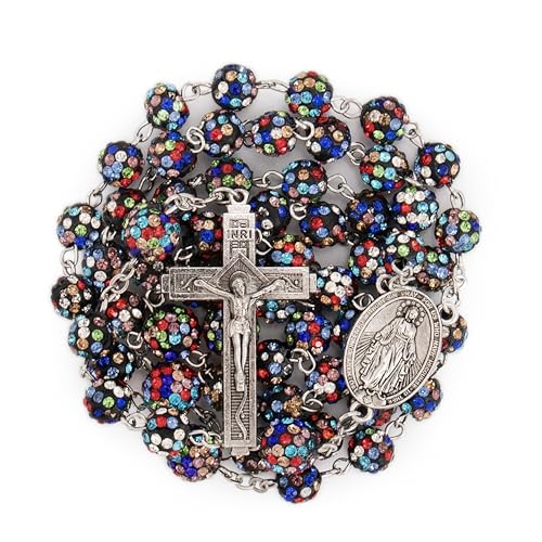 Nazareth Store Rhinestones Crystal Beads Rosary, Catholic Rosary Necklace with Silver Miraculous Medal INRI Crucifix, Multicolor Rosaries in a Gift Case - color: Colorful Black with Colorful White Beads
