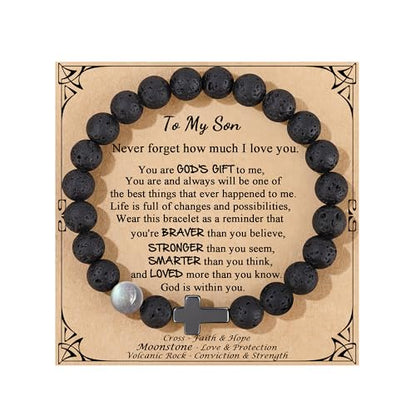JoycuFF 𝗖𝗵𝗿𝗶𝘀𝘁𝗶𝗮𝗻 𝗚𝗶𝗳𝘁𝘀 𝗳𝗼𝗿 𝗠𝗲𝗻 𝗠𝗼𝗼𝗻𝘀𝘁𝗼𝗻𝗲 𝗖𝗿𝗼𝘀𝘀 𝗕𝗿𝗮𝗰𝗲𝗹𝗲𝘁𝘀, Christmas Stocking Stuffers Inspirational Gifts for Teens Men Cross Bracelets with Card - color: Son Gifts