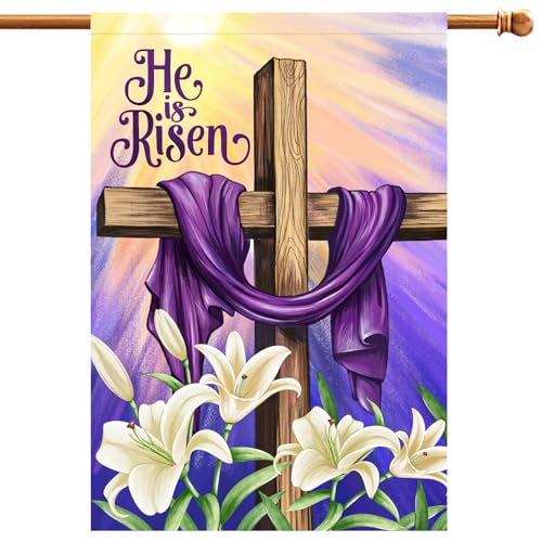 He is Risen Easter Christian House Flags 28x40 Double Sided Burlap, Religious Cross Spring Lily Flower Sign Large Flag Farmhouse Yard Outdoor Decoration DF701-28 - size: 28" X 40"