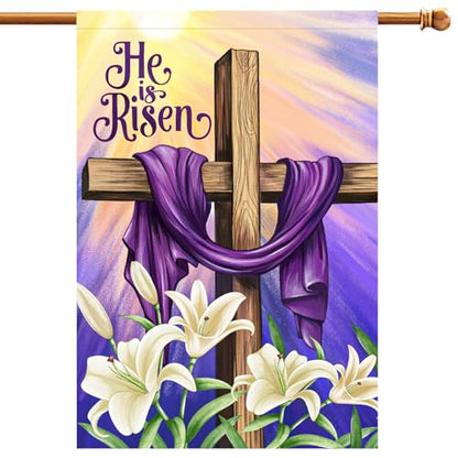 He is Risen Easter Christian House Flags 28x40 Double Sided Burlap, Religious Cross Spring Lily Flower Sign Large Flag Farmhouse Yard Outdoor Decoration DF701-28 - size: 28" X 40"