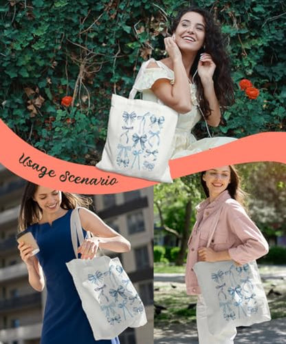 Coquette Bow Bible Canvas Tote Bag for Women Teens Teen Girls, Pink Bow Girls Tote Bag, Coquette Gifts - color: Blue Bow