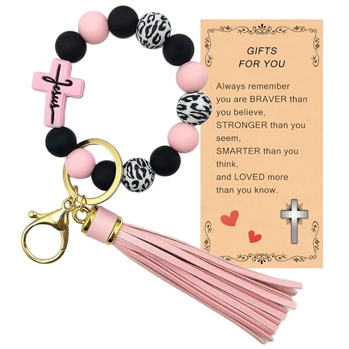SHINYHARBOR Silicone Beaded Wristlet Keychain Bracelet,Key Wrist Keychains for Women Mom Teachers Best Friend - color: Cross-pink