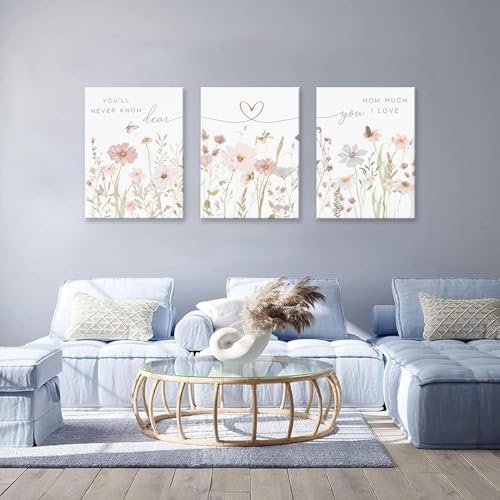 DAXINGJ Floral Wall Art Set of 3,Inspirational Neutral Botanical Heart Line - color: Pink Flower Love, size: 16"L x 12"W