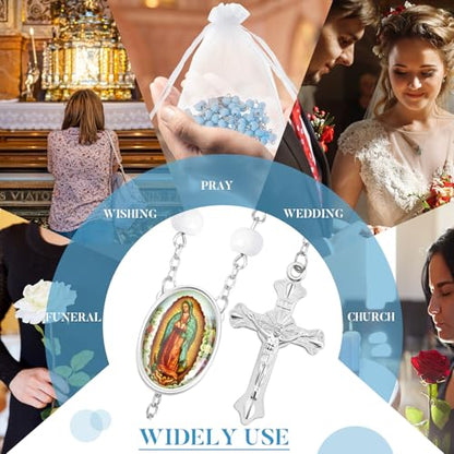 Taiyin 36 Pcs Wooden Bead Rosary Necklace with Crucifix and Our Lady of Guadalupe Scented First Communion Rosary with 36 Organza Bags Baptism Favors Catholic Gift for Men Women - color: Light Blue