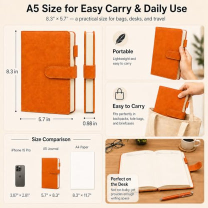 A5 Leather Journal for Women Men, Hardcover Notebook Set with Pen, orange - color: orange