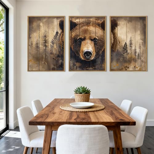 ANHUIB Vintage Brown Bear Canvas Wall Art 16x24 Inch Framed Forest Woodland Paintings Rustic Farmhouse Wildlife Wall Decor Set of 3 for Living Room Bedroom Dining Room - color: Brown Bear, size: 24"L x 16"W