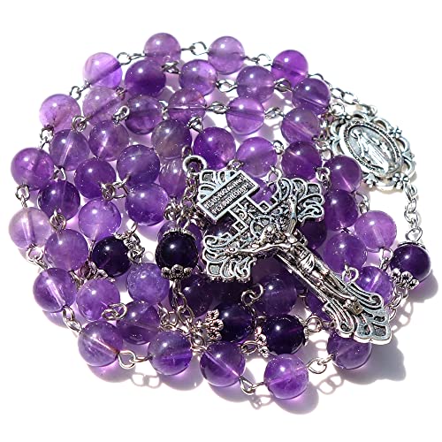 Rosary Beads Chaplet Purple Natural Amethyst Crystal Rosery Cross Catholic gifts - color: Purple