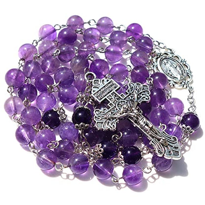 Rosary Beads Chaplet Purple Natural Amethyst Crystal Rosery Cross Catholic gifts - color: Purple