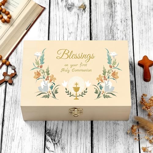CroBlissful First Communion Wooden Box Keepsake Baptism Memory Box Gift 8.6 x 5.1 x 2.4 Inches First Holy Communion Jewelry Storage for Baptism Memory Keepsake(Floral) - style: Floral