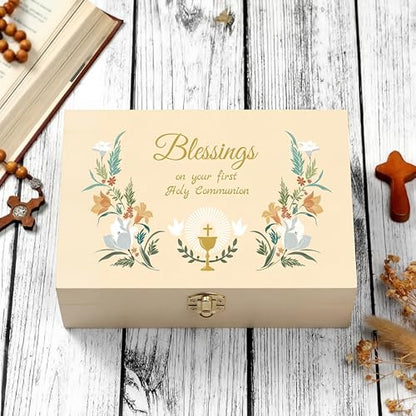 CroBlissful First Communion Wooden Box Keepsake Baptism Memory Box Gift 8.6 x 5.1 x 2.4 Inches First Holy Communion Jewelry Storage for Baptism Memory Keepsake(Floral) - style: Floral