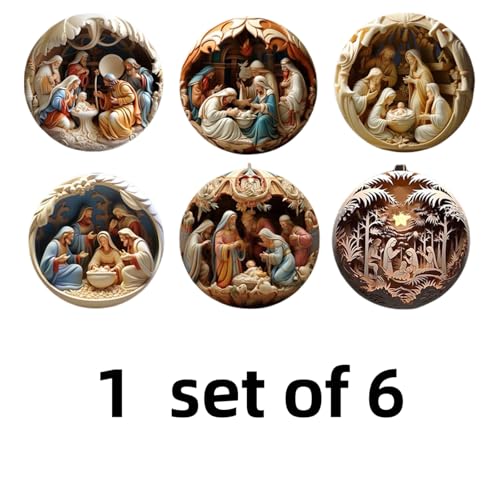 6 Pack Nativity Scene Ornaments for Christmas Tree, 3.15'' 3D-Printed Flat Acrylic Hanging Decor, The Birth of Jesus Religious Keepsake Gift for Christian Family
