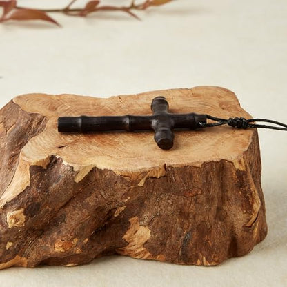 Men's Wooden Cross Necklace Real Handcrafted Ebony Wood Cross Pendants With Leather Necklaces Men's Black Cross Necklaces Christian Baptism Crucifix Pendant for Men(bamboo grain