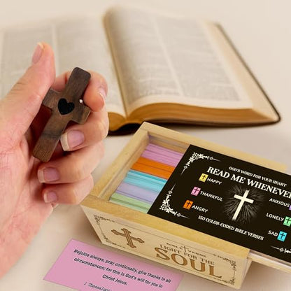 Personalized Bible Verse Box, 150 Color-Coded Scripture Cards, Read Me Whenever Cards for Emotions, Prayer Box with Wooden Cross, Christian Gift for Women, Christmas, Father's Day - color: Bible Box 1