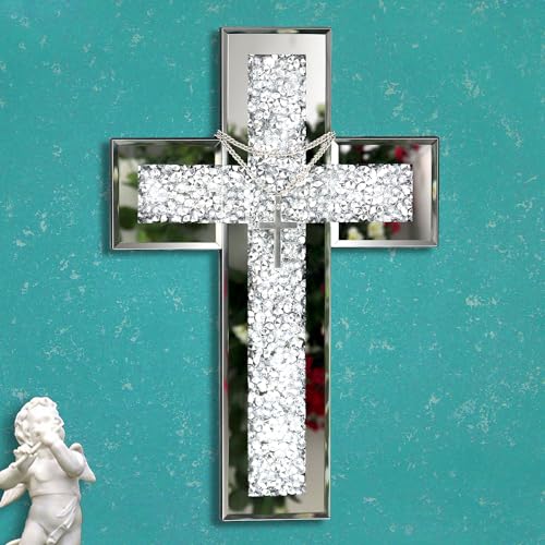 GIMORRTO Cross Wall and Table Decor, Glass Mirrored Surface, Modern Style, Religious Theme, Silver, 15 x 5 Inches, Indoor (15")