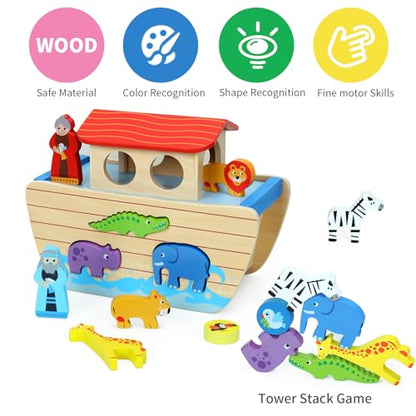 Wooden Noah's Ark Toy Animal Playset for Toddlers,