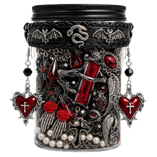 Mystery Gothic Jewelry Jar for Women, Vintage Punk Jewelry Set with Necklaces, Earrings, Rings, Bracelets, Keychains, Stickers and Piercing Accessories, Halloween Birthday Christmas Gift