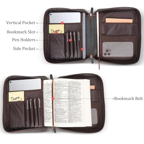 Polare Full Grain Leather Bible Cover Church Bag Bible Protective Book Holder Carrying Case Folder Organizer Portfolio - style: Dark Brown(Strong & Courageous)