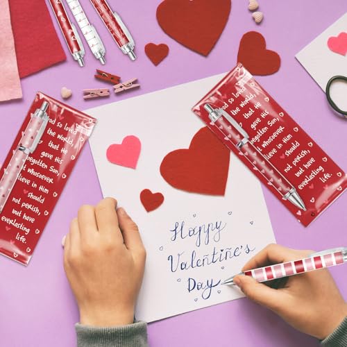 FYSUIMU 30 Sets Valentine's Day Ballpoint Pens Bulk Pink Red White Love Heart Plastic Ballpoint Pens with Bible Verse Thank You Cards for Christian Appreciation Gift Sunday School Church Party Favors