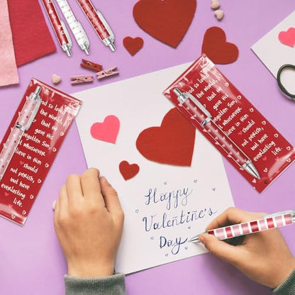 FYSUIMU 30 Sets Valentine's Day Ballpoint Pens Bulk Pink Red White Love Heart Plastic Ballpoint Pens with Bible Verse Thank You Cards for Christian Appreciation Gift Sunday School Church Party Favors