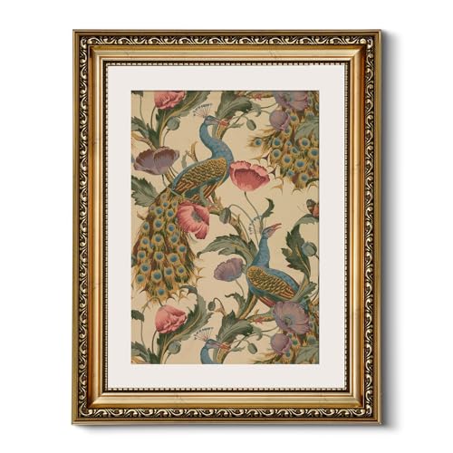 HUARCEY Gold Framed Vintage Flower and Peacock Canvas Wall Art 11x14 inch - color: Peacock, size: 14"L x 11"W