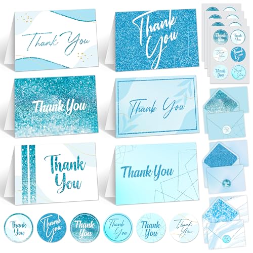 Decorably 24 Pack Glittery 6x4in Light Blue Thank You Cards with Envelopes - style: Light Blue