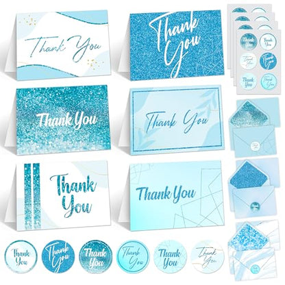 Decorably 24 Pack Glittery 6x4in Light Blue Thank You Cards with Envelopes - style: Light Blue