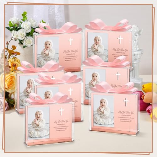 Vercraft 24 Set Baptism Picture Frame 3.5 x 5 Acrylic Baby Shower Baptism Favor Christening Gifts for Boy Girl with Plastic Crystal Boxes and Satin Ribbon Bows for Religious First Communion(Rose Gold) - color: Rose Gold