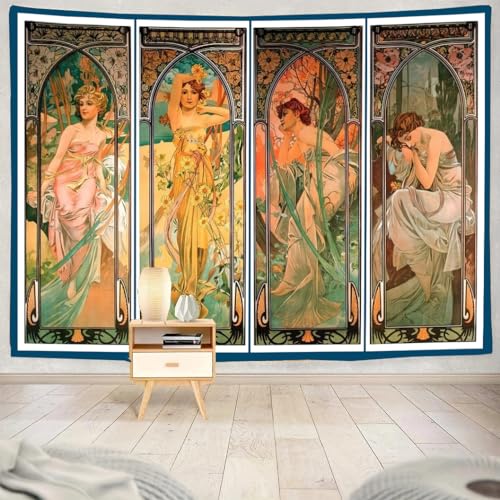FENDROM Vintage Collection Tapestry Wall Hanging Art Home Decor, The Times of the Day Series by Alphonse Mucha Art Print Painting for Living Room Bedroom Bathroom Dorm - color: Vintage, size: 59"L x 51"W
