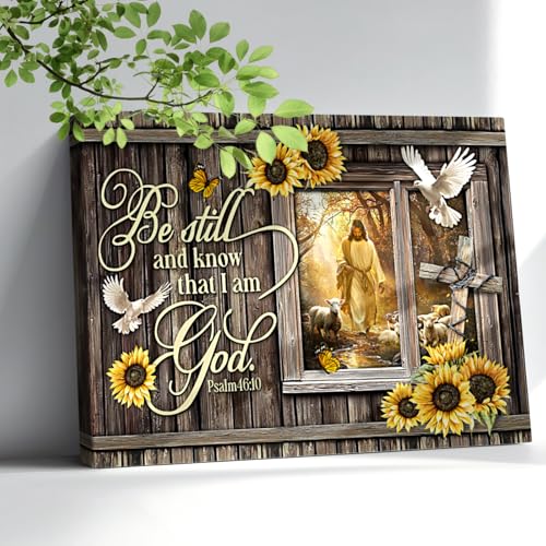 Farmhouse Christian Wall Art Rustic Bible Verse Wall Art Sunflower Jesus and The Lamb Canvas Prints Framed Artwork Vintage Scripture Religious Gifts For Living Room Bedroom Home Decor 8"X10" - color: Scripture, size: 10"L x 8"W