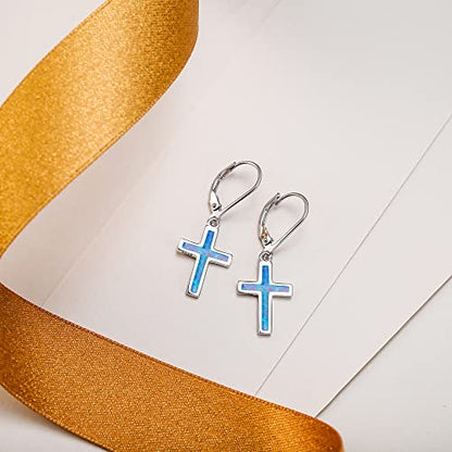 EVER FAITH 925 Sterling Silver Cross Earrings Created Opal Dangle Leverback Earring Minimalist Church Jewelry - color: Blue
