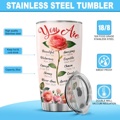 Christian Inspirational Gifts for Women with Bible Verses, Religious Floral Rose Design Stainless Steel 20oz Tumbler, Motivational Faith-Based Gift for Mom Sister Friend Birthday - color: Christian Faith 50