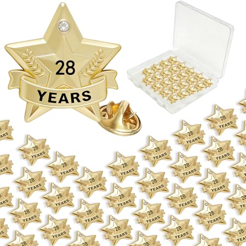 Years of Service Pins, Gold Star Pin for 1-30 Year Work Anniversary, Long Standing Employee Recognition Award Star Pins for Staff, Team & Volunteers - style: 28 Years