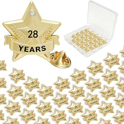Years of Service Pins, Gold Star Pin for 1-30 Year Work Anniversary, Long Standing Employee Recognition Award Star Pins for Staff, Team & Volunteers - style: 28 Years