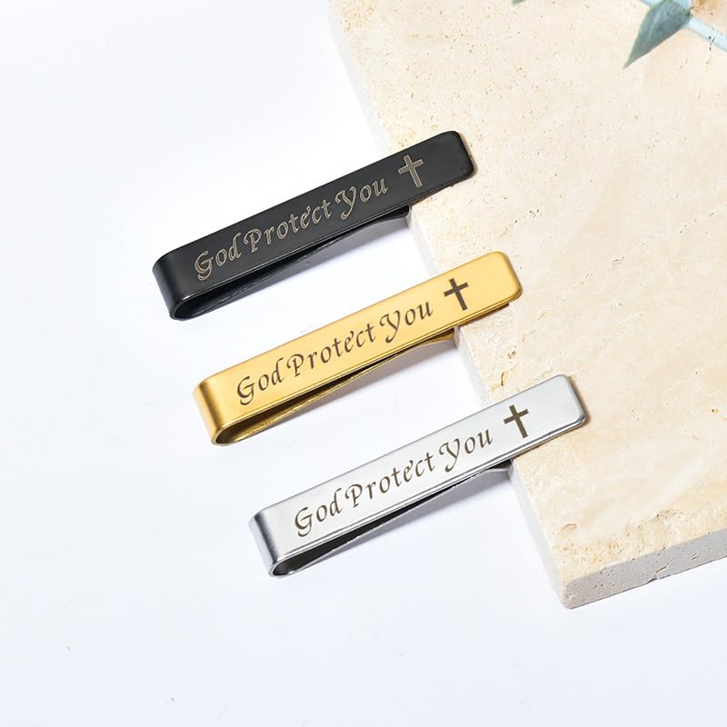 Man Of God Tie Clips 3 Set - Godfather Godson Christmas Engraved Gifts for Men Son Husband Dad Birthday Gifts from Wife - style: god protect you set