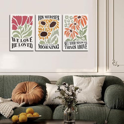 Framed Christian Bible Scripture Wall Art Set of 3 12x16 Inch - color: Flower（Canvas）, size: 16"L x 12"W