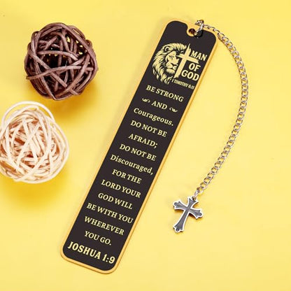 Christian Bookmark Man of God, Inspirational Lion Bible Verse Bookmark with Cross Pendant, Religious Scripture Verse Bookmarks for Man Accessories Church Confirmation Baptism Easter for Pastor Men - style: Be strong and courageous